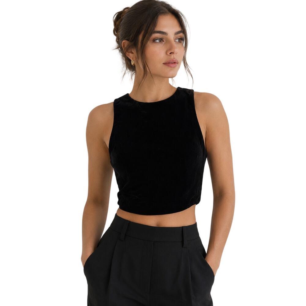 Sachin & Babi Noir Velvet Sleeveless Back Zip Cropped Top Black Women's Size 6